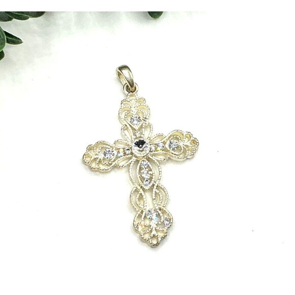 Vintage Silver-Tone Filigree Cross Pendant With Rhinestones - Picture 6 of 6